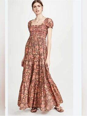 Marea Smocked Floral Maxi Dress in Rust and Cream